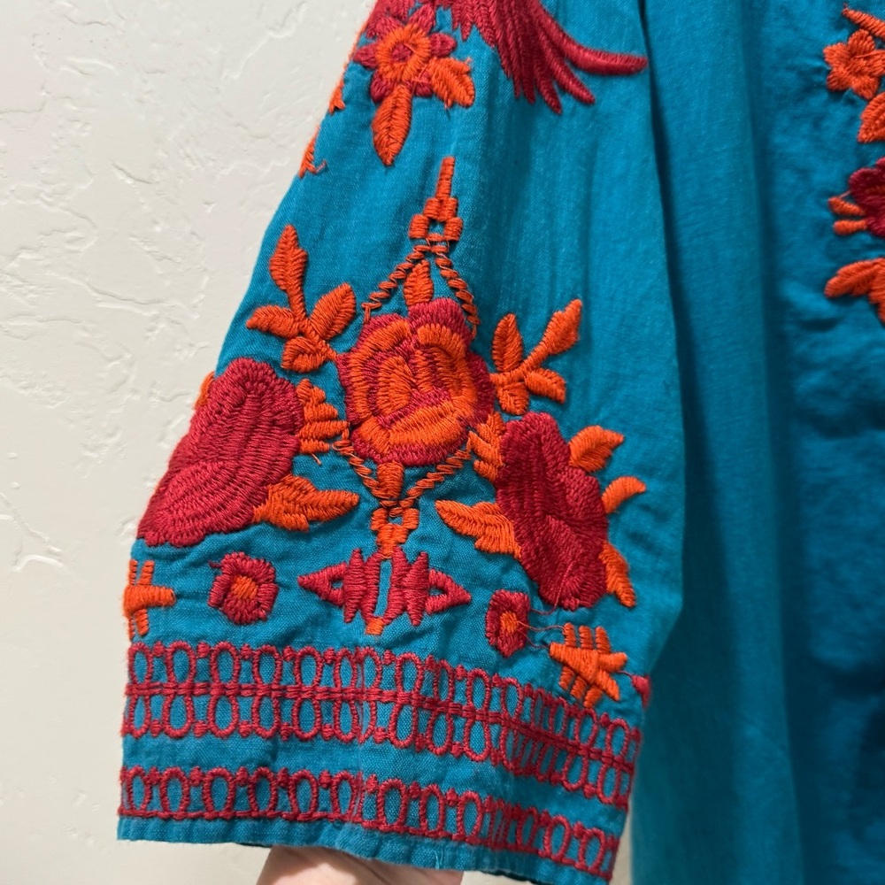 Soft Surrounding Women's 1X Cotton Linen Embroidered Tunic Dress Teal Orange - Picture 7 of 14